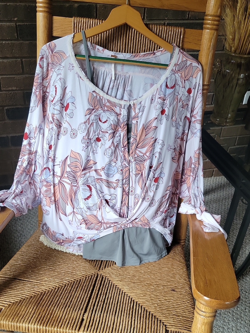 Free People Floral Tie-Front Blouse in White and Peachy Pink & gray camisole M